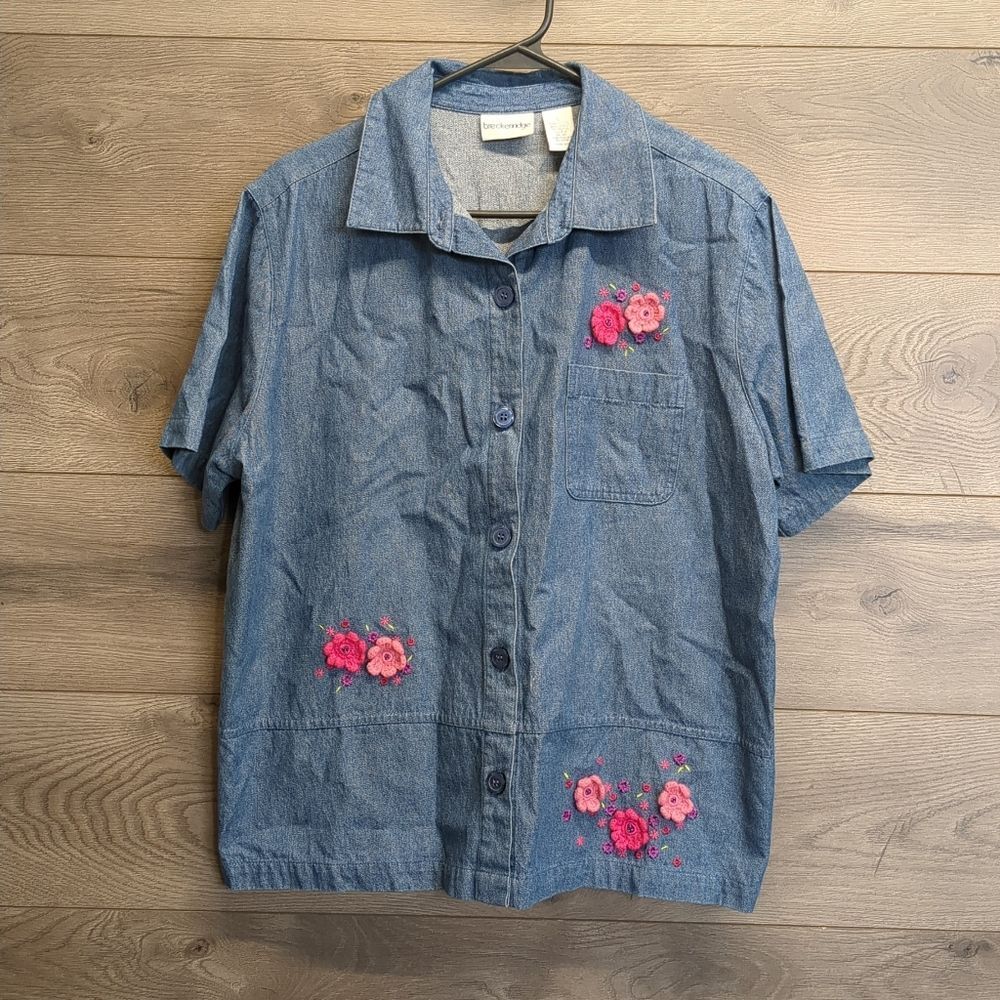 Breckenridge Chambeay Denim Embroidered Button Up Top Womens Size Large